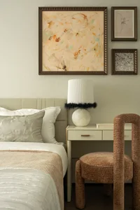 Contemporary bedroom featuring modern fabric decor and elegant furniture.