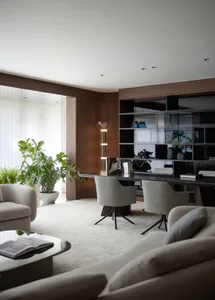 A modern living room featuring neutral furnishings and a minimalist design aesthetic.