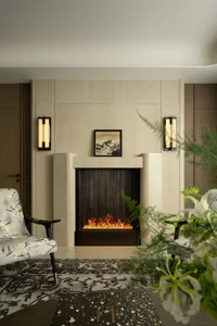 A modern living room featuring a stone fireplace with a warm, flickering flame.