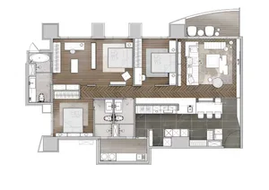Minimalist design living room and kitchen featuring wooden floors, tiled countertops, and modern furniture.