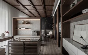 A modern, minimalist residential interior with wood, marble, and glass materials.