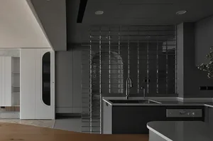 A modern kitchen with a glass wall design.