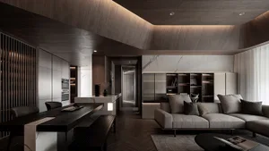 A modern living room featuring wooden furniture and marble accents