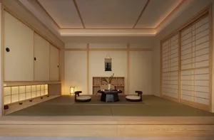 A modern minimalist living room with tatami mats, wood furniture, and white walls.