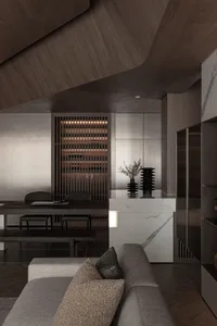 Contemporary residential interior featuring wood, marble, and metal materials.