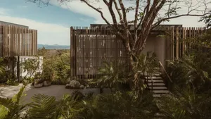 Modern residential architecture featuring wooden materials and a tropical setting.