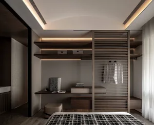 Modern bedroom featuring a wooden bed and wardrobe with integrated shelves and lighting.