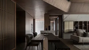 Modern residential kitchen featuring wood finishes and contemporary design elements.