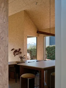 A modern dining room featuring wood-oriented strand board walls and a high ceiling with a hanging lamp.