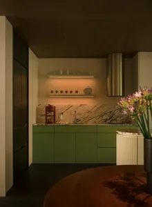 A modern kitchen with green cabinets and a marble backsplash.