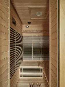 Industrial-style bathroom featuring wooden elements and stone accents.