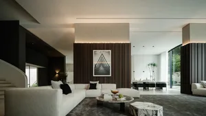 Minimalist living room featuring marble flooring and minimalist furniture.