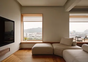 A modern living room with minimalist furniture and a large window overlooking a cityscape.