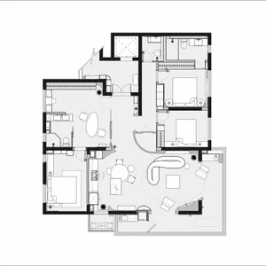 Modern residential floor plan layout with living, dining, kitchen, bedrooms, and bathrooms.