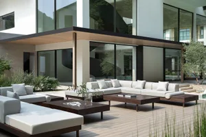A modern living room featuring sleek, minimalist furniture with wooden elements and large glass windows.