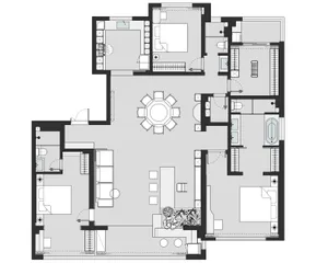 Modern architectural floor plan with black lines on a white background.