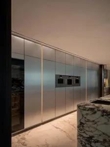 Modern kitchen featuring metallic acrylic cabinets and appliances.