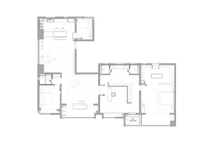 Modern residential floor plan showing living room, bedrooms, kitchen, and bathroom.