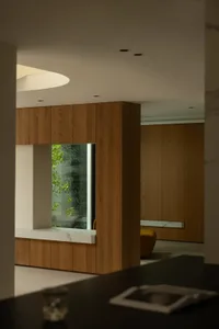 Modern living room with wooden panels and furniture, featuring a glass window with greenery outside.