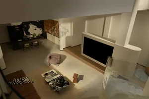 精心設計的現代客廳，搭配大理石裝飾與當代家具。