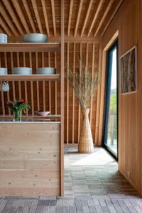 Modern minimalistic kitchen with wooden surfaces and versatile shelves.