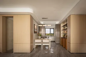 Modern residential space featuring a combination of wood and marble materials.