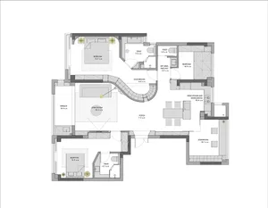 A detailed 2D architectural drawing of a modern residential floor plan with various rooms and amenities.