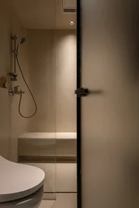Modern minimalist bathroom with concrete walls and floor, featuring a white toilet and a glass shower enclosure with a handhe