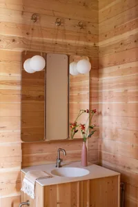 A modern bathroom with wooden paneling, a white sink counter, and a pink vase with flowers.