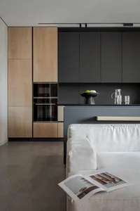 Contemporary kitchen with wooden cabinetry and metallic appliances