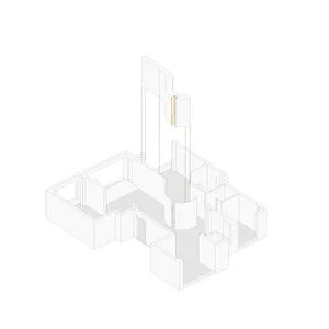 A 3D isometric view of a modern residential floor plan featuring concrete structural elements and open spaces.