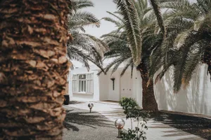 White-painted exterior of a residential building surrounded by palm trees and a paved pathway.