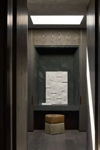 A modern office space featuring metallic decor elements.