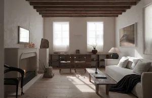 Modern Scandinavian living room with minimalist furniture, wooden floors, and natural light.