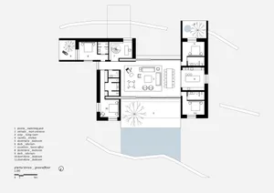 Floor plan of a modern residential architecture with concrete and glass materials.