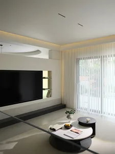 Modern minimalist living room with laminate finishes and floor-to-ceiling curtains.