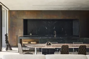 Modern residential kitchen featuring black marble countertops and backsplash