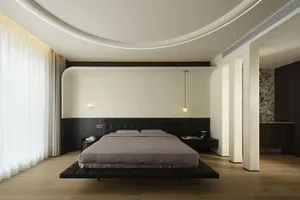 Modern minimalist bedroom with a floating platform bed, ceiling lights, and minimalistic design.