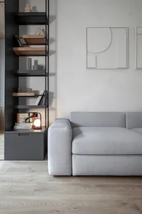 Modern minimalist living room with grey couch, shelving unit, and abstract wall art.