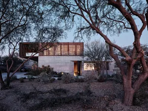 Modern house with concrete exterior and large windows surrounded by trees.