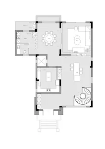 A detailed floor plan of a modern housing layout, showcasing contemporary architectural features, in a black and white color 