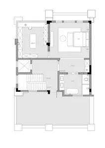 A modern minimalist interior design floor plan with a minimalist bedroom, minimalist living room, and minimalist kitchen.