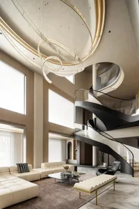Modern living room featuring a combination of concrete, glass, and marble materials.