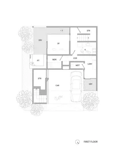 A modern residential floor plan showcasing a contemporary layout with concrete materials.