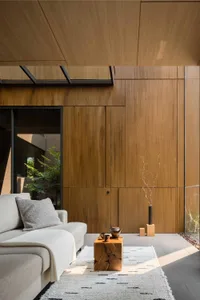 Modern residential living room featuring wood elements and minimalist design.