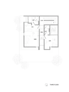 Third-floor layout of a modern two-bedroom residential building showing bedrooms, a bathroom, a closet, and other amenities.
