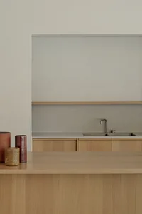Modern minimalist kitchen featuring wood and concrete materials.
