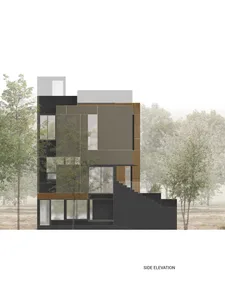 A modern residential exterior with large glass windows and steel accents.