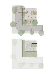 現代休閒室紙張平面圖，綠色圓圈代表植物。
