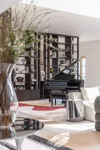 A modern living room featuring wooden furniture, a black grand piano, and a large bookshelf.